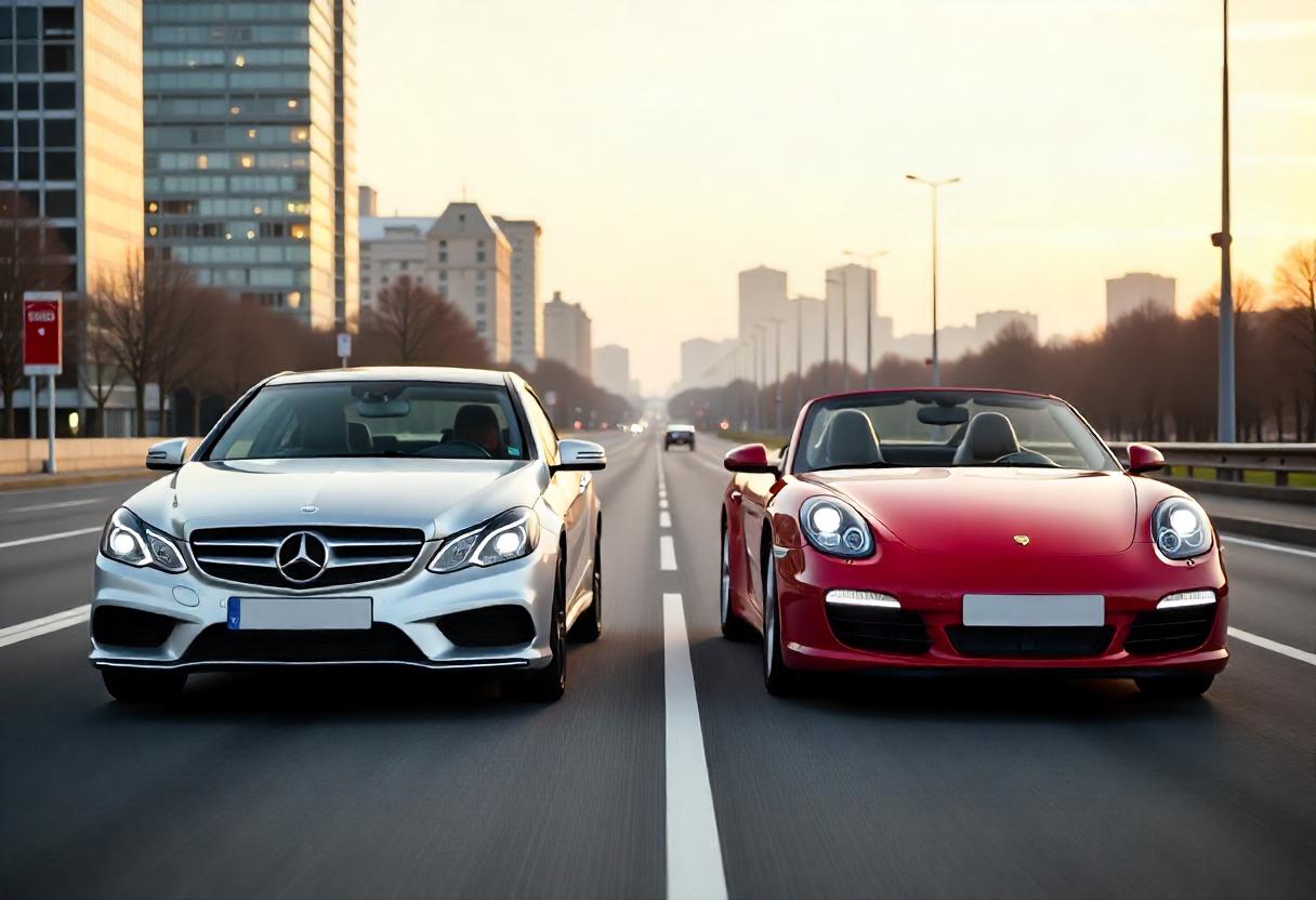 Vergleich Mercedes E-Klasse W212 und Porsche Boxster 987 auf einer Straße mit Stuttgart im Hintergrund – Gebrauchtwagen unter 20.000 Euro