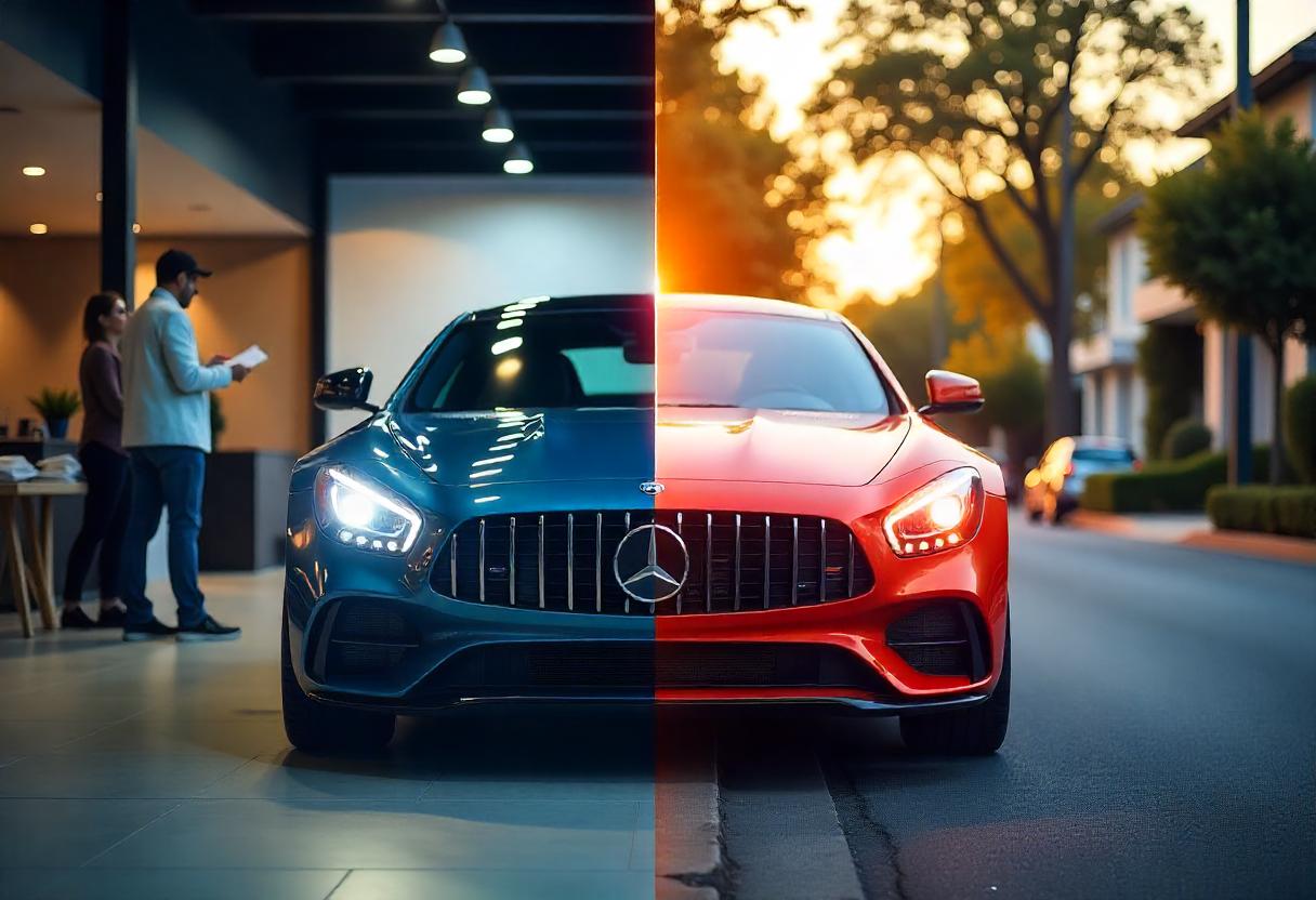 Vergleich zwischen Neuwagen im Autohaus und Gebrauchtwagen auf der Straße mit Symbolen für Preis, Verbrauch und Wartung